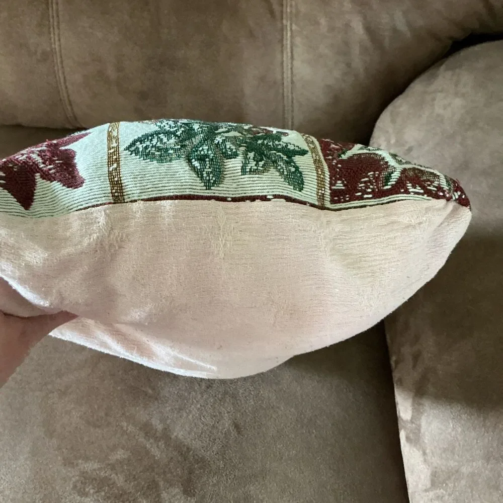Vintage Christmas Tapestry Accent Pillow Woven Poinsettia Holly Wreath Holiday
